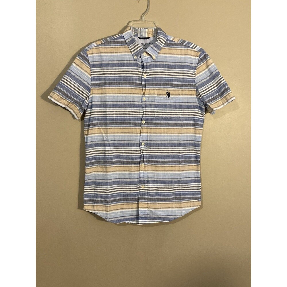 US Polo Assn. Mens Blue Brown Striped Short Sleeve Button Down Shirt Size Small